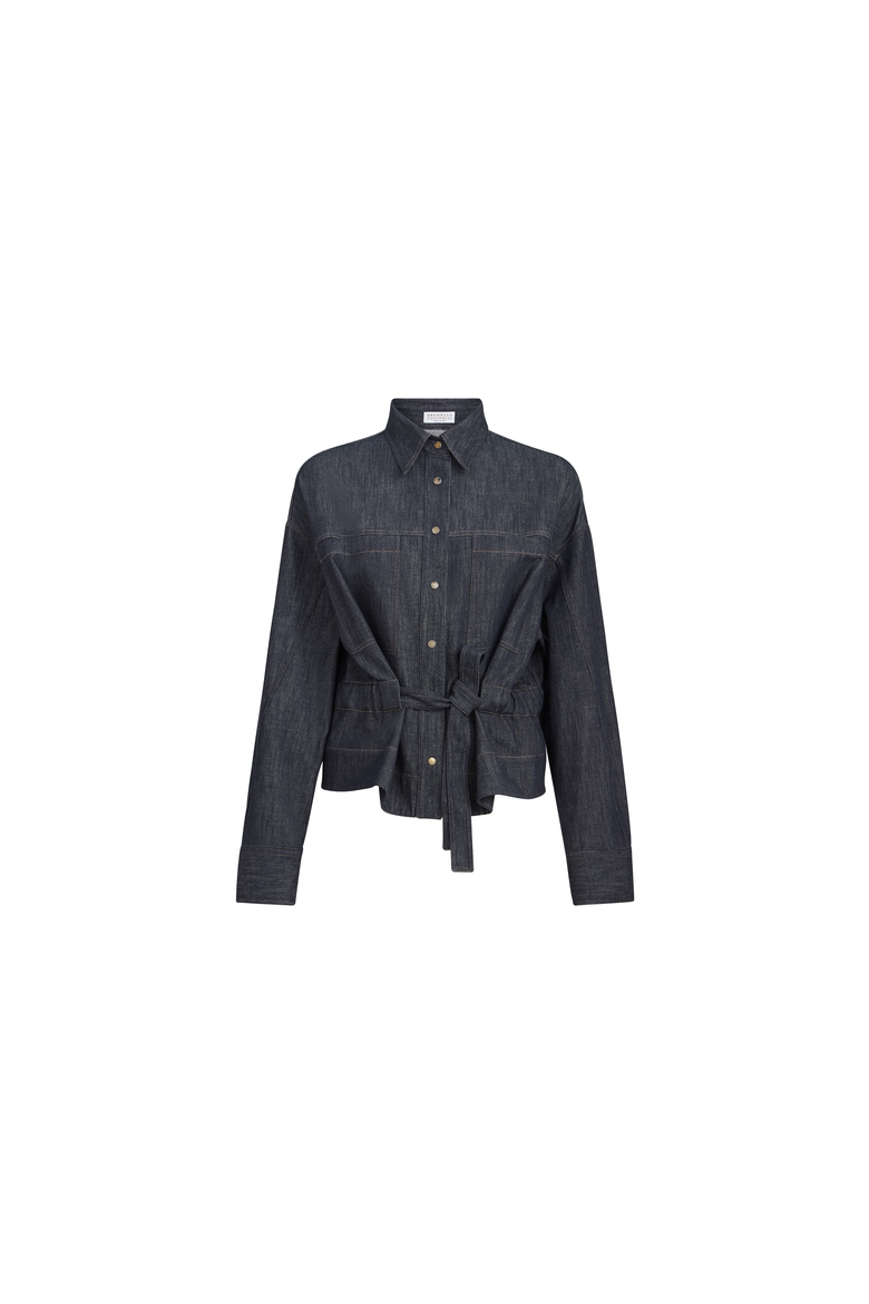 Denim-effect twill cropped shirt, Alternate, color, Dark Denim