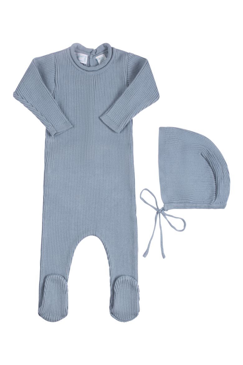 Rolled Collar Rib Knit Footie & Bonnet Set, Main, color, VINTAGE BLUE