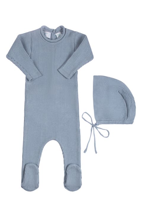 Rolled Collar Rib Knit Footie & Bonnet Set (Baby)