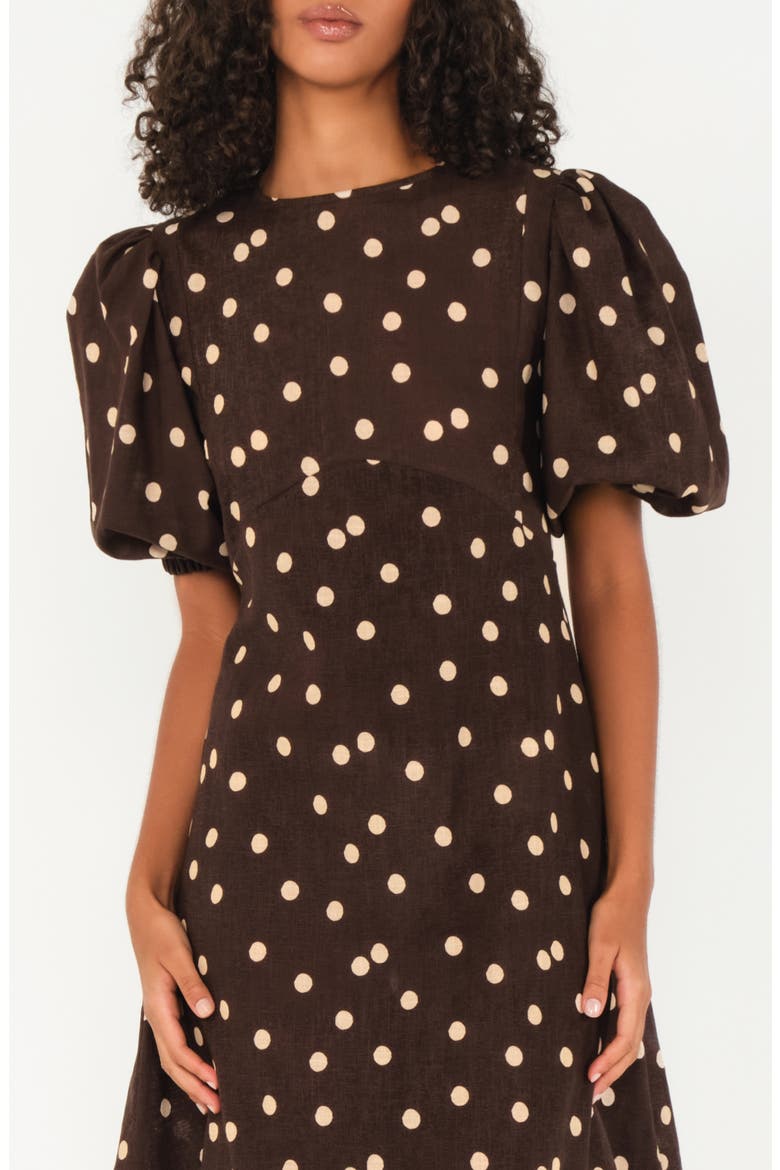 The Dawn Dot Puff Sleeve Linen & Cotton Maxi Dress, Alternate, color, POLKA DOTS BROWN