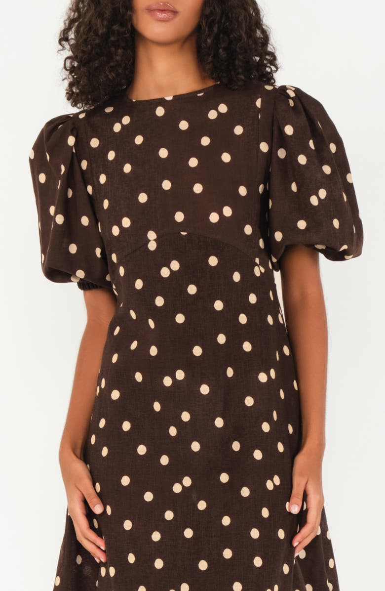 The Lulo Project The Dawn Dot Puff Sleeve Linen & Cotton Maxi Dress, Alternate, color, Polka Dots Brown
