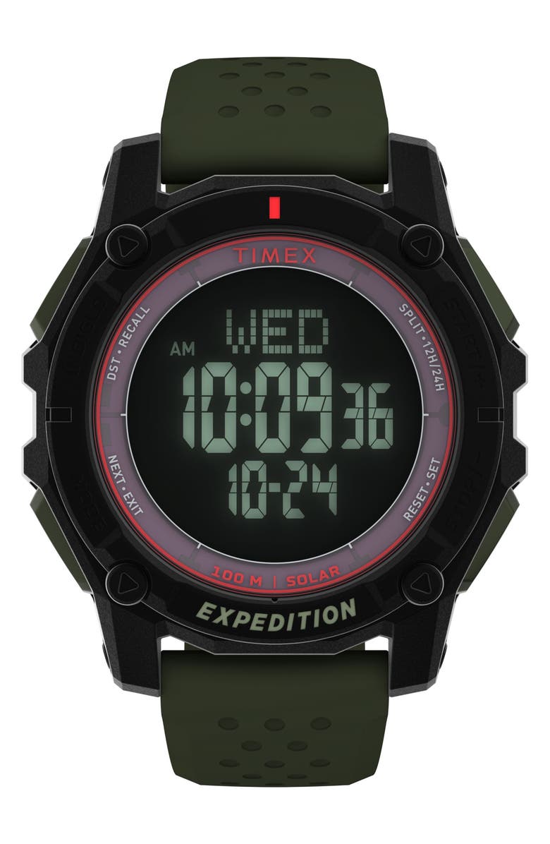 Timex<sup>®</sup> Expedition Ridge Solar Digital Silicone Strap Watch, 49mm, Main, color, Green