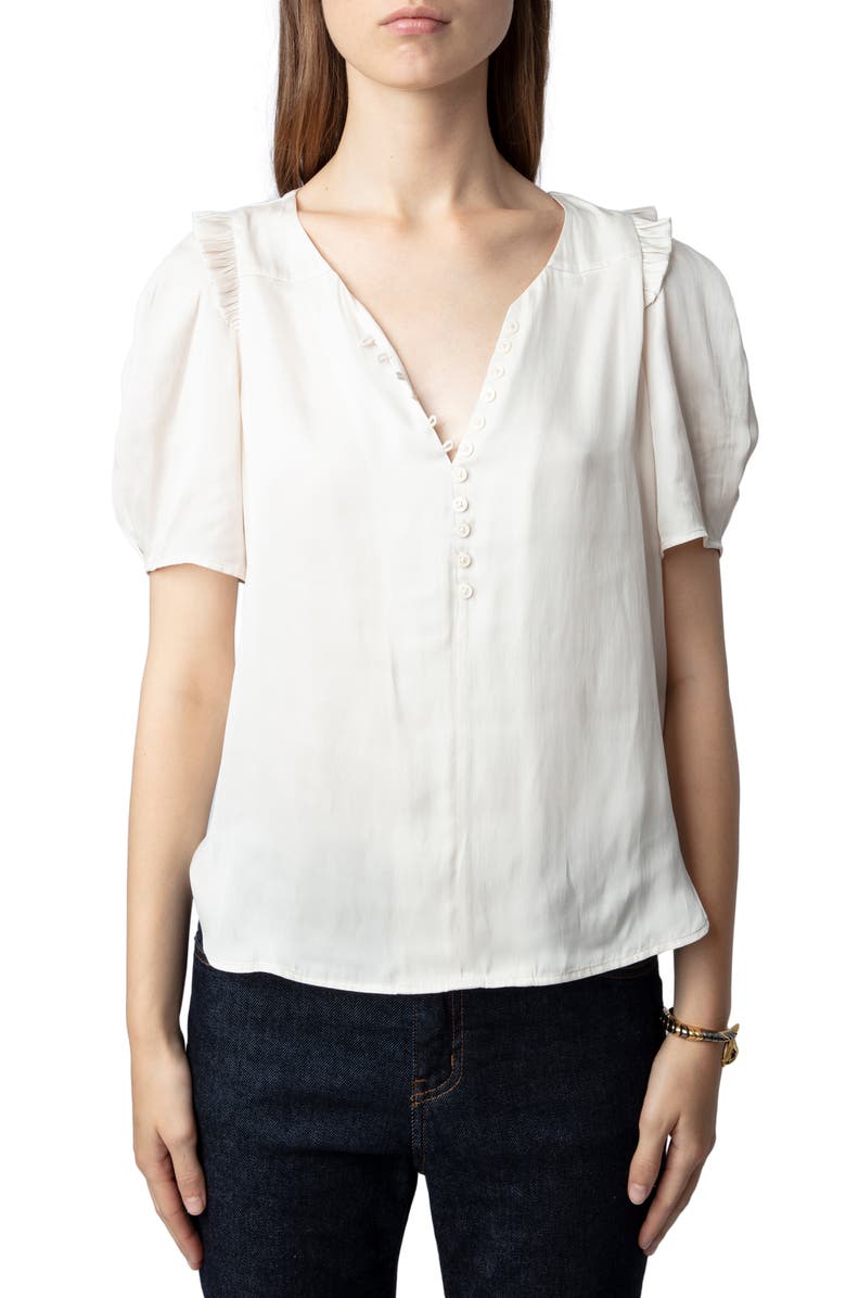 Zadig & Voltaire Twisty Satin Ruffle Top, Main, color, 