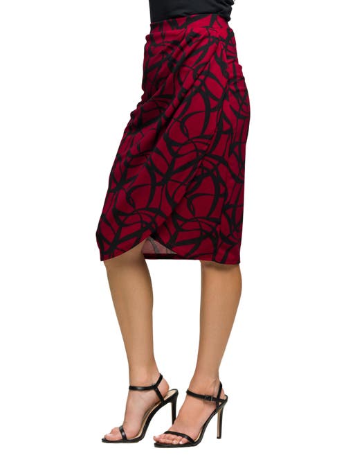 24seven Comfort Apparel Plus Size Burgundy Print Ruched Knee Length Skirt In Multi