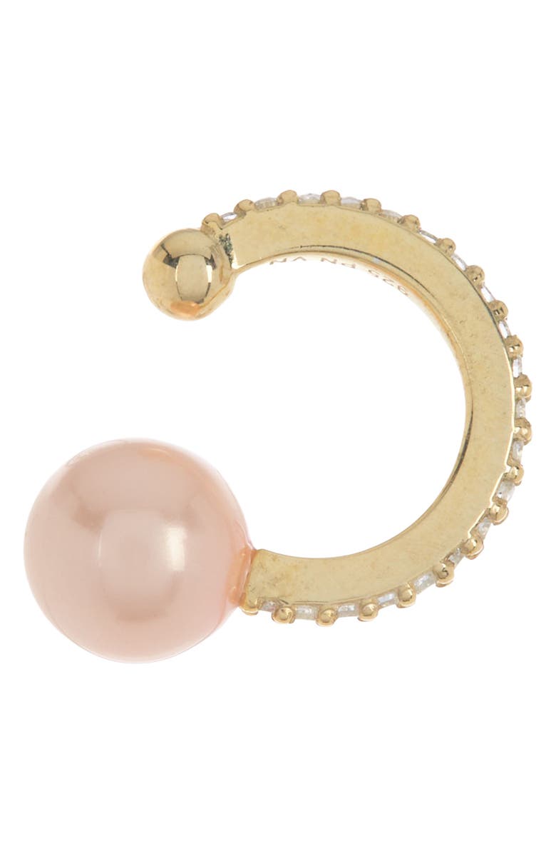 PAIGE NOVICK 14K Yellow Gold Plated Sterling Silver Pave White Zirconia 6mm Peach Pearl Ear Cuffs, Main, color,