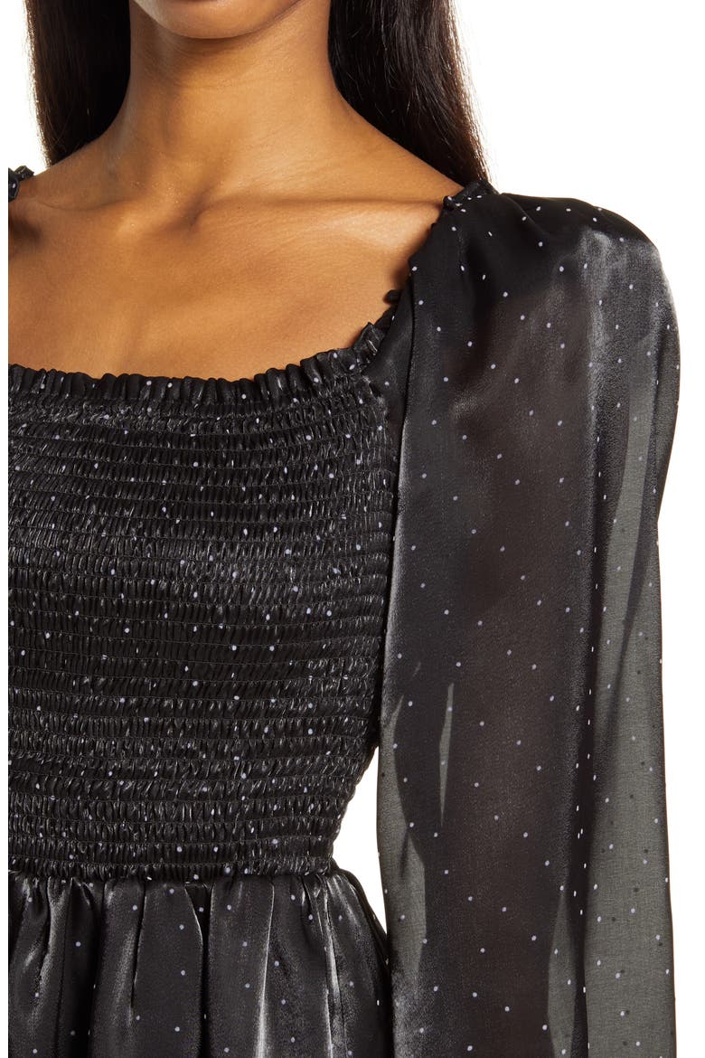 Smocked Long Sleeve Minidress, Alternate, color, BLACK POLKA DOT