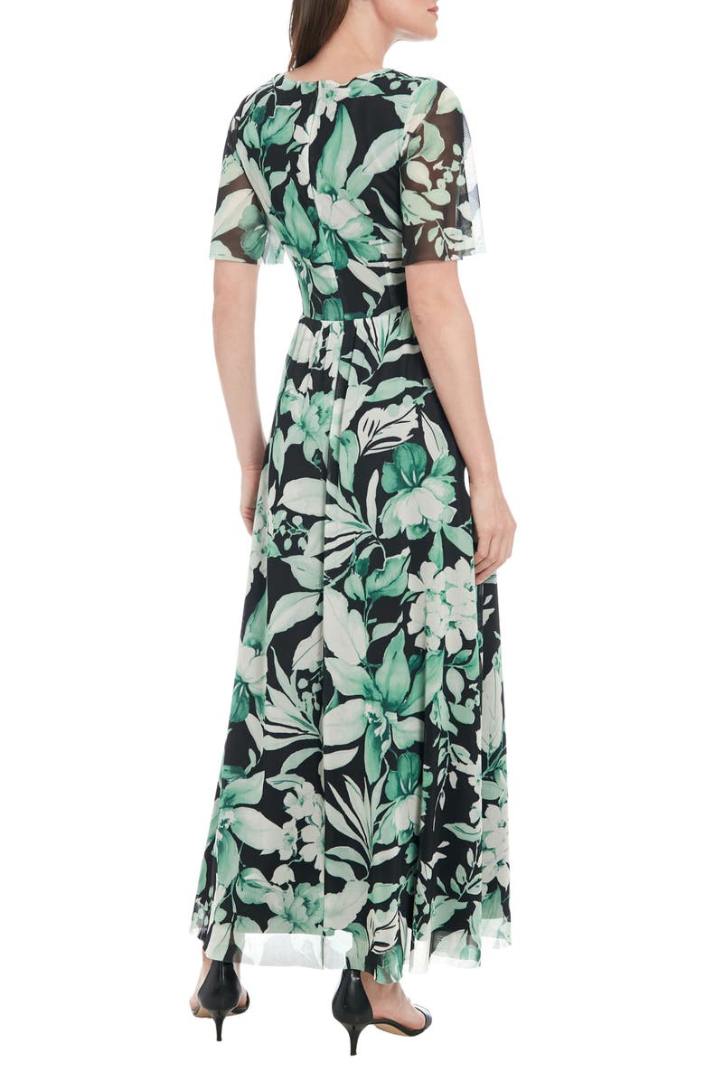 London Times Floral Smocked Flutter Sleeve Mesh Maxi Dress, Alternate, color,
