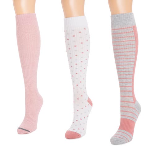 Muk Luks Cotton Rib Compression Knee-high Socks 3 Pair Pack Wide Size In Pink