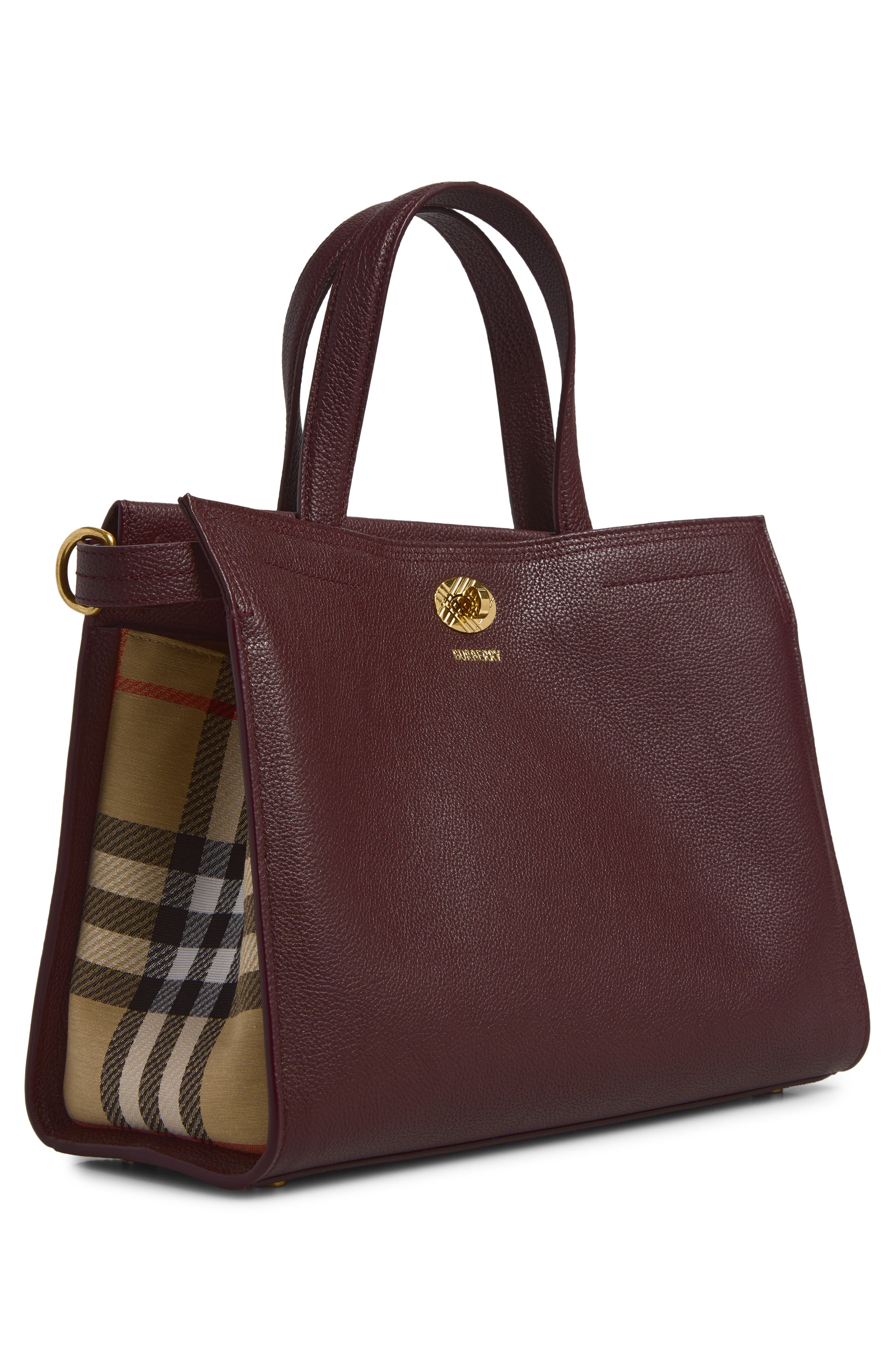 Small Cotswolds Leather & Check Canvas Tote, Alternate, color, VINEYARD RED