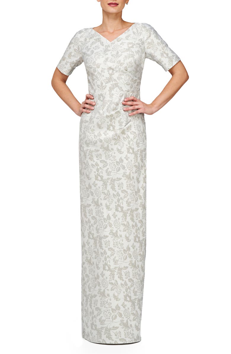 JS Collections Valerie Metallic Floral Jacquard Column Gown, Main, color, Silver Mist