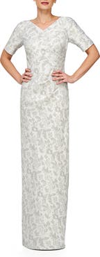 JS Collections Valerie Metallic Floral Jacquard Column Gown