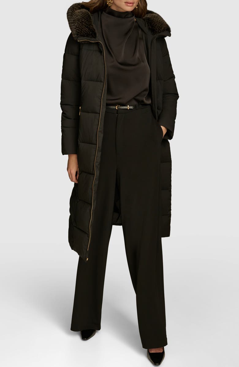 Donna Karan New York Long Hooded Puffer Coat with Faux Fur Trim, Alternate, color, 