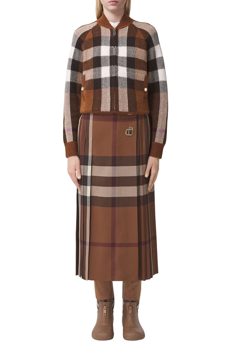 Burberry Demmi Check Jacquard Wool & Cashmere Sweater Bomber Jacket, Alternate, color, 