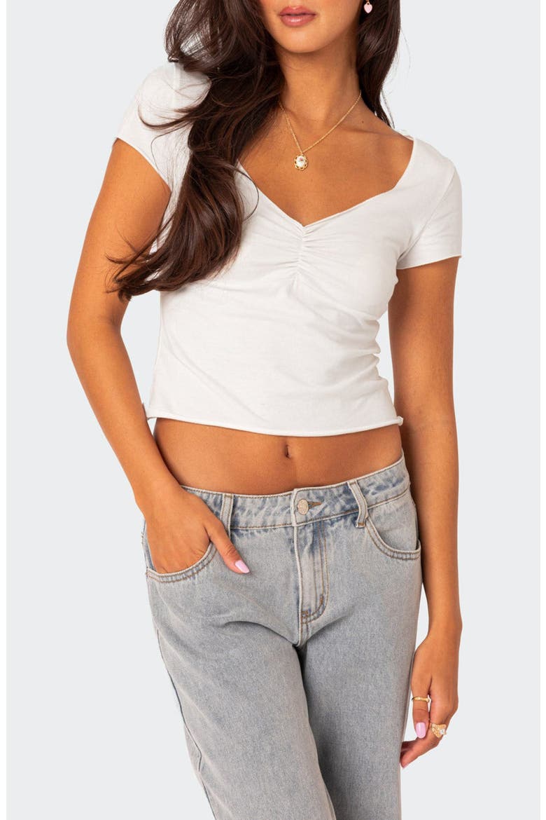 Ruched V-Neck Crop Top, Main, color, WHITE