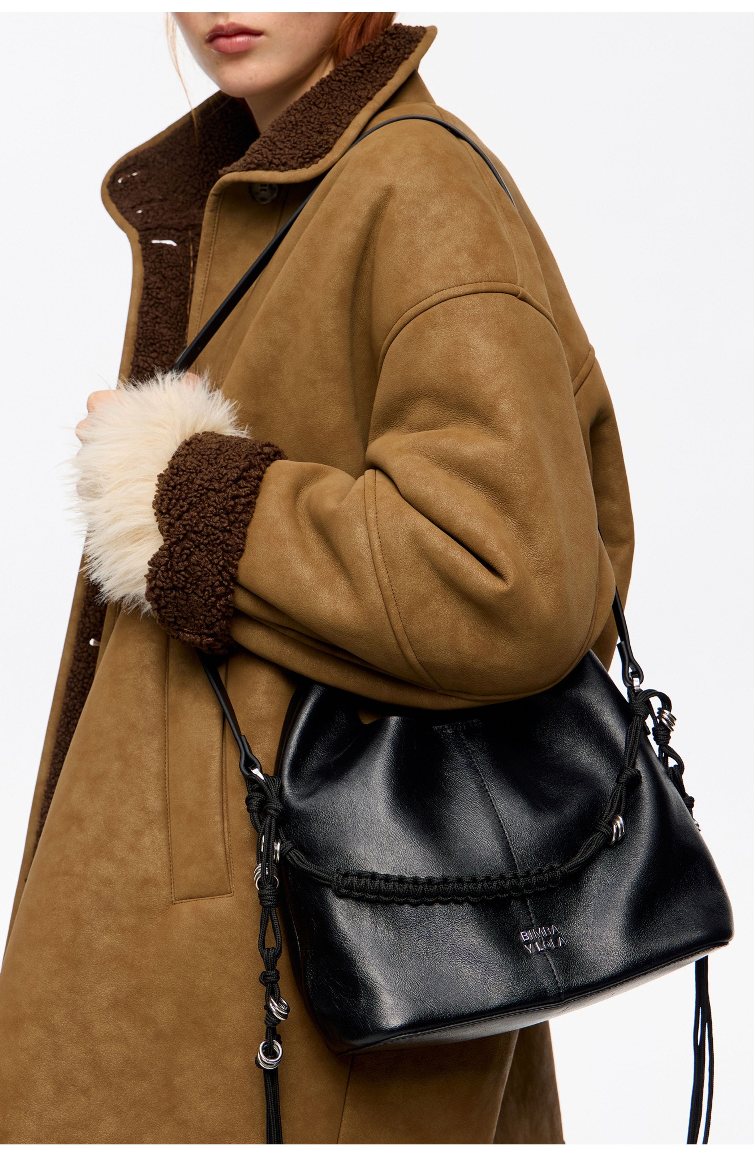 Bimba y Lola Leather Plaited Handle Paper Bag, Alternate, color, Black Chain