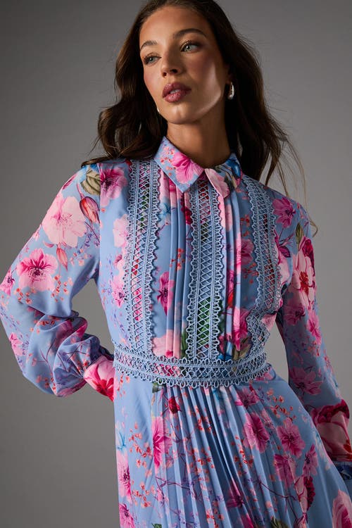 Coast Pleated Lace Trim Long Sleeve Midi Dress In Multi