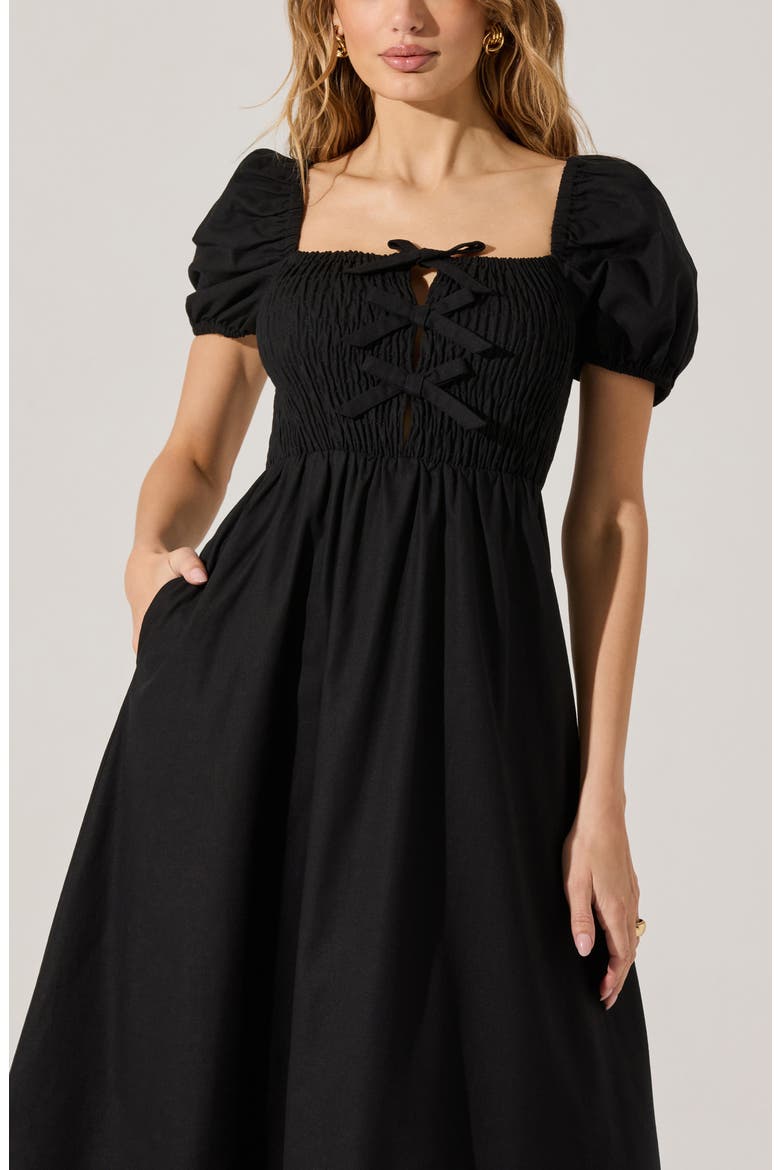 Bow Detail Smock Bodice Cotton Blend Dress, Alternate, color, BLACK
