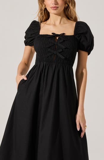 Bow Detail Smock Bodice Cotton Blend Dress