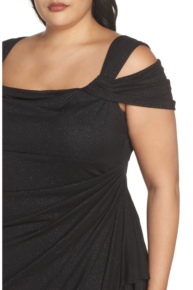 Cold Shoulder Glitter Column Gown, Alternate, color, BLACK