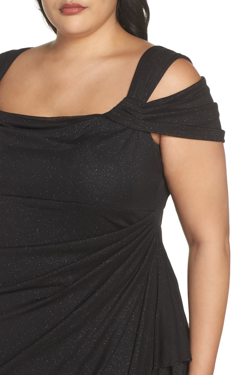 Alex Evenings Cold Shoulder Glitter Column Gown, Alternate, color, Black