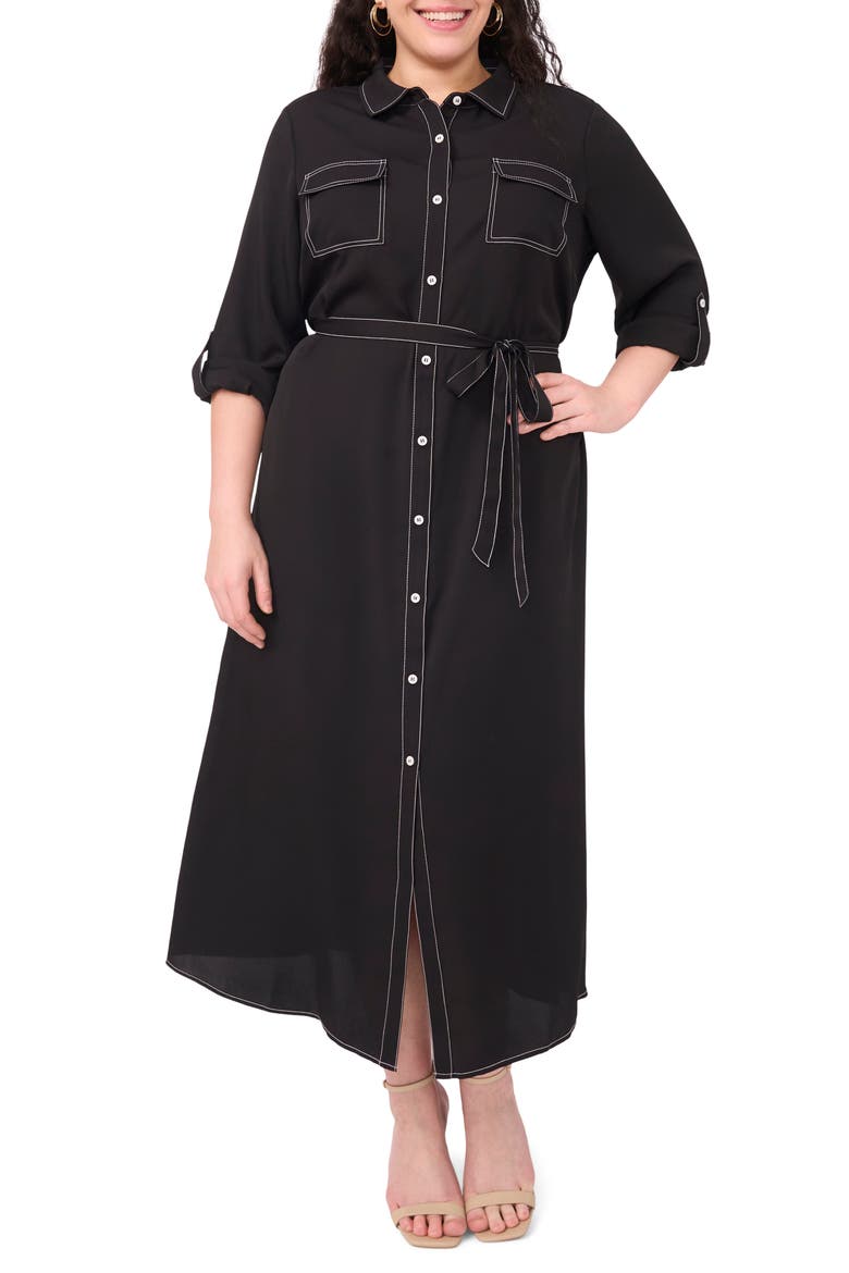 Long Sleeve Contrast Stitch Shirtdress, Main, color, RICH BLACK
