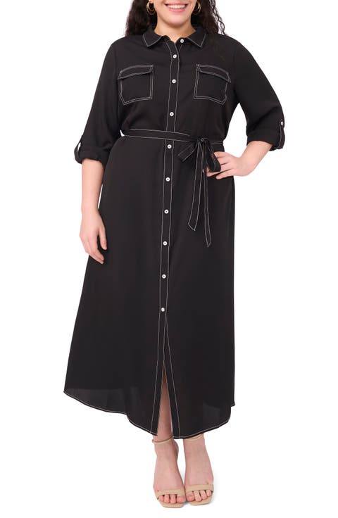Long Sleeve Contrast Stitch Shirtdress (Plus)
