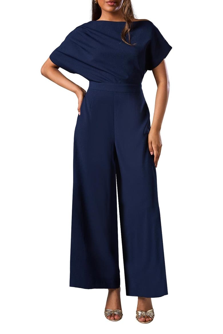 Petite Pleat Off The Shoulder Jumpsuit, Alternate, color, Navy