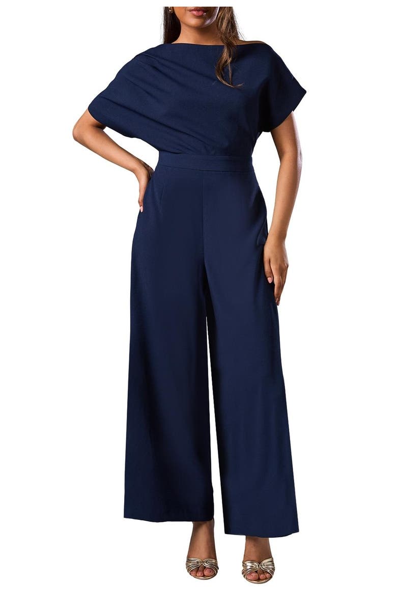 Coast Petite Pleat Off The Shoulder Jumpsuit, Alternate, color, Navy