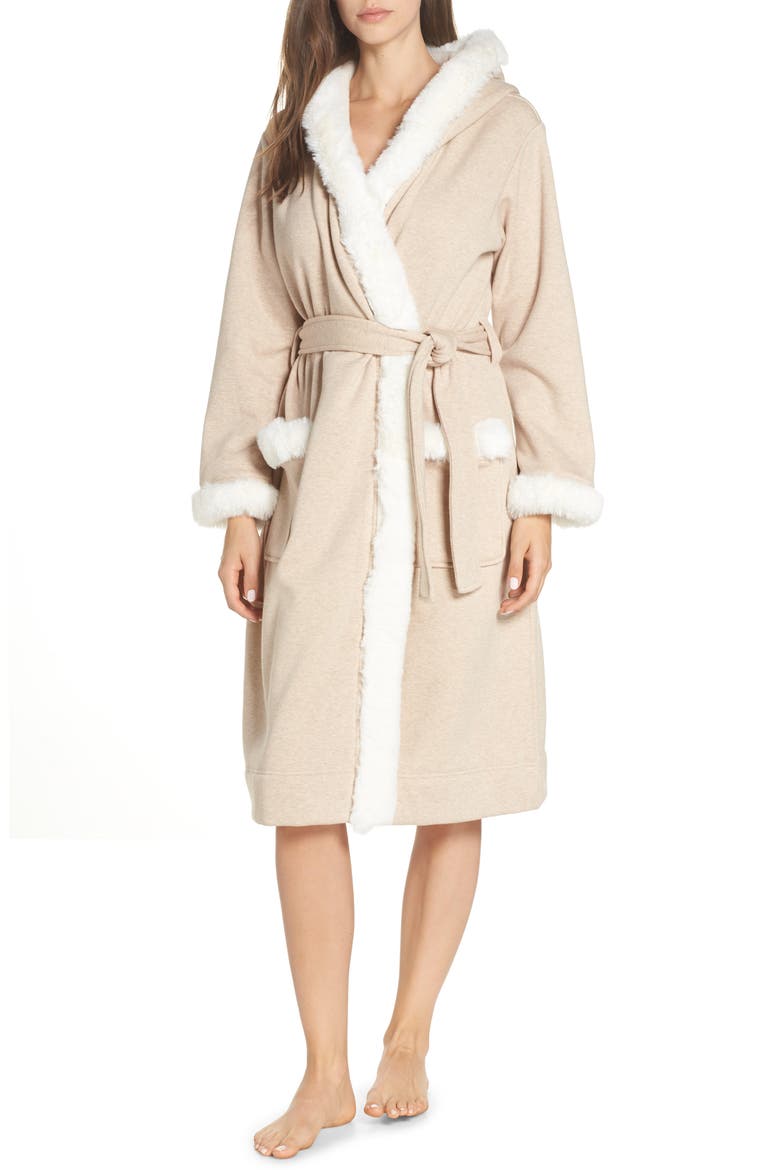 Duffield II Deluxe Faux Fur Trim Robe, Main, color, OATMEAL HEATHER