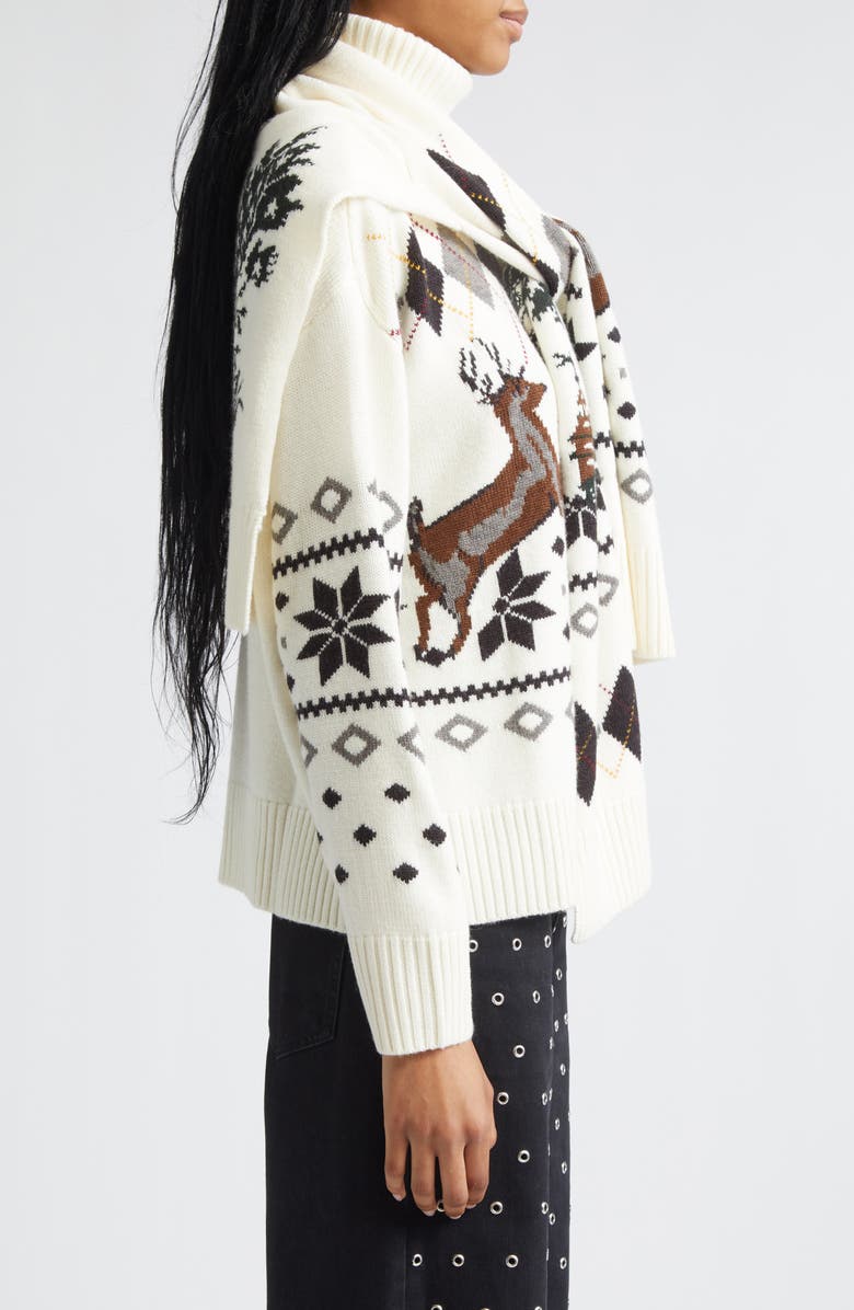 MONSE Tie Scarf Overlay Fair Isle Extrafine Merino Wool Turtleneck Sweater, Alternate, color, Ivory