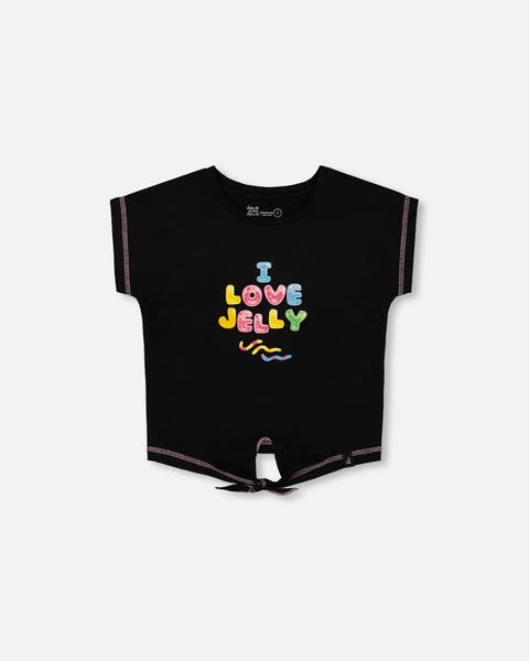 Little Girl's Organic Cotton Tee With Print And Knot Black And Multicolored
