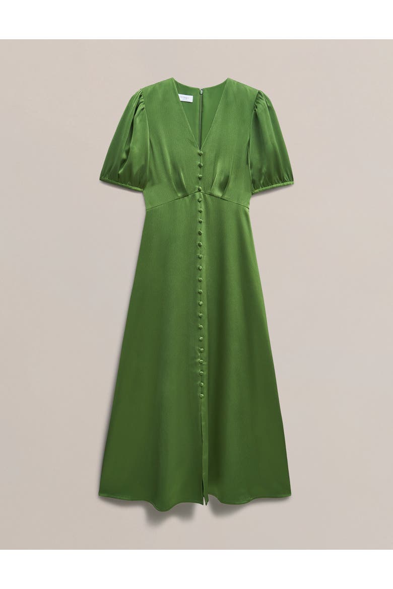 Button Front Puff Sleeve Midi Dress, Alternate, color, Bay Leaf Green