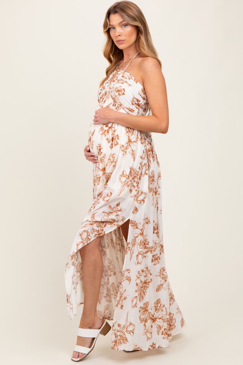 Blue Floral Tie-Back Halter Maxi Dress, Alternate, color, Taupe