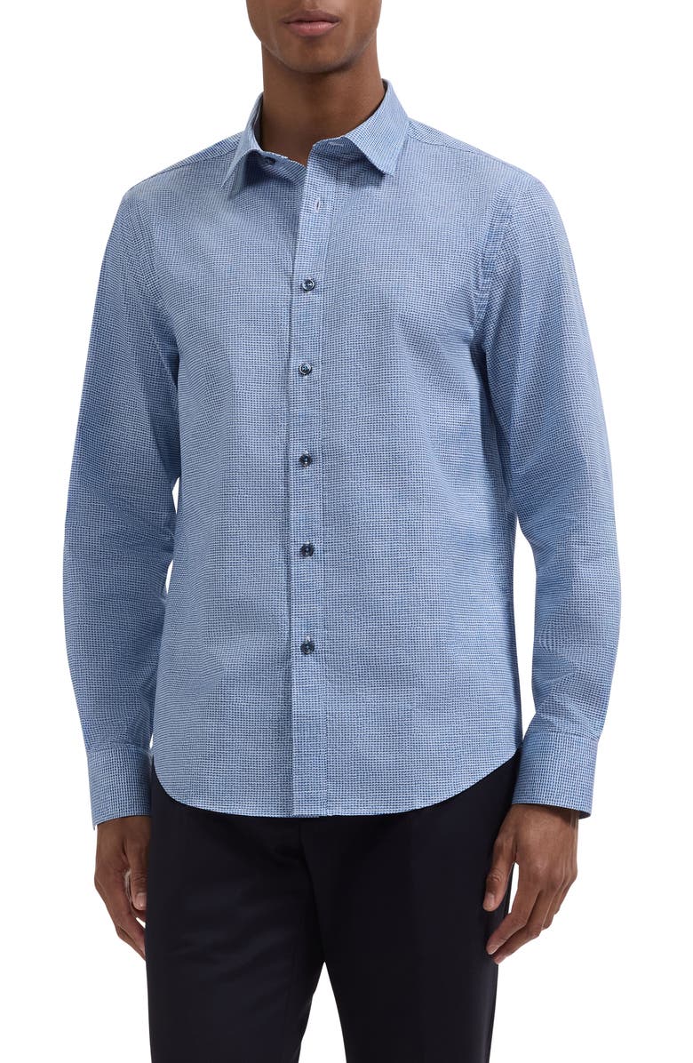 Bugatchi Julian Shaped Fit Houndstooth Cotton Button-Up Shirt, Main, color, Classic Blue