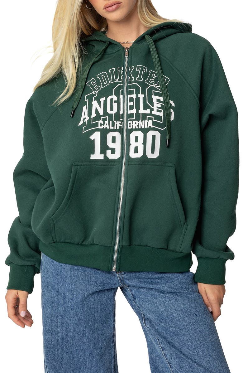 EDIKTED 1980 Graphic Oversize Zip Hoodie, Main, color, Dark-Green