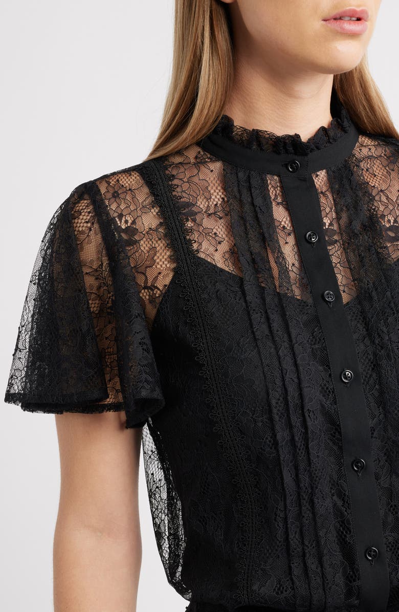 Anne Klein Lace Flutter Sleeve Button-Up Shirt, Alternate, color, Asphalt