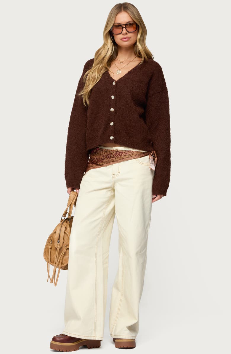 EDIKTED Jade Bouclé Crop Cardigan, Alternate, color, Brown