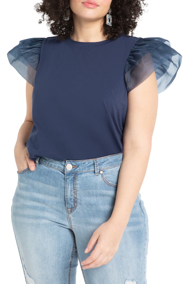 Ruffle Sleeve Top, Main, color, NAVY