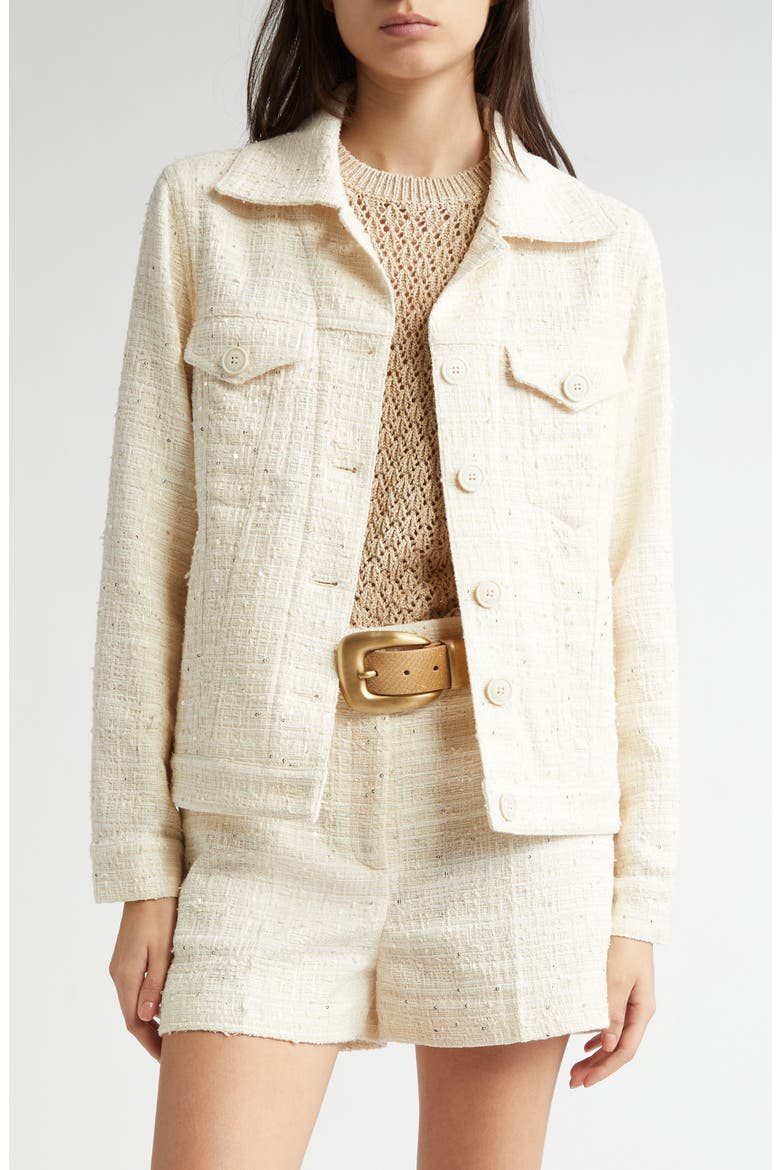 Sequin Tweed Crop Trucker Jacket, Main, color, OFF WHITE