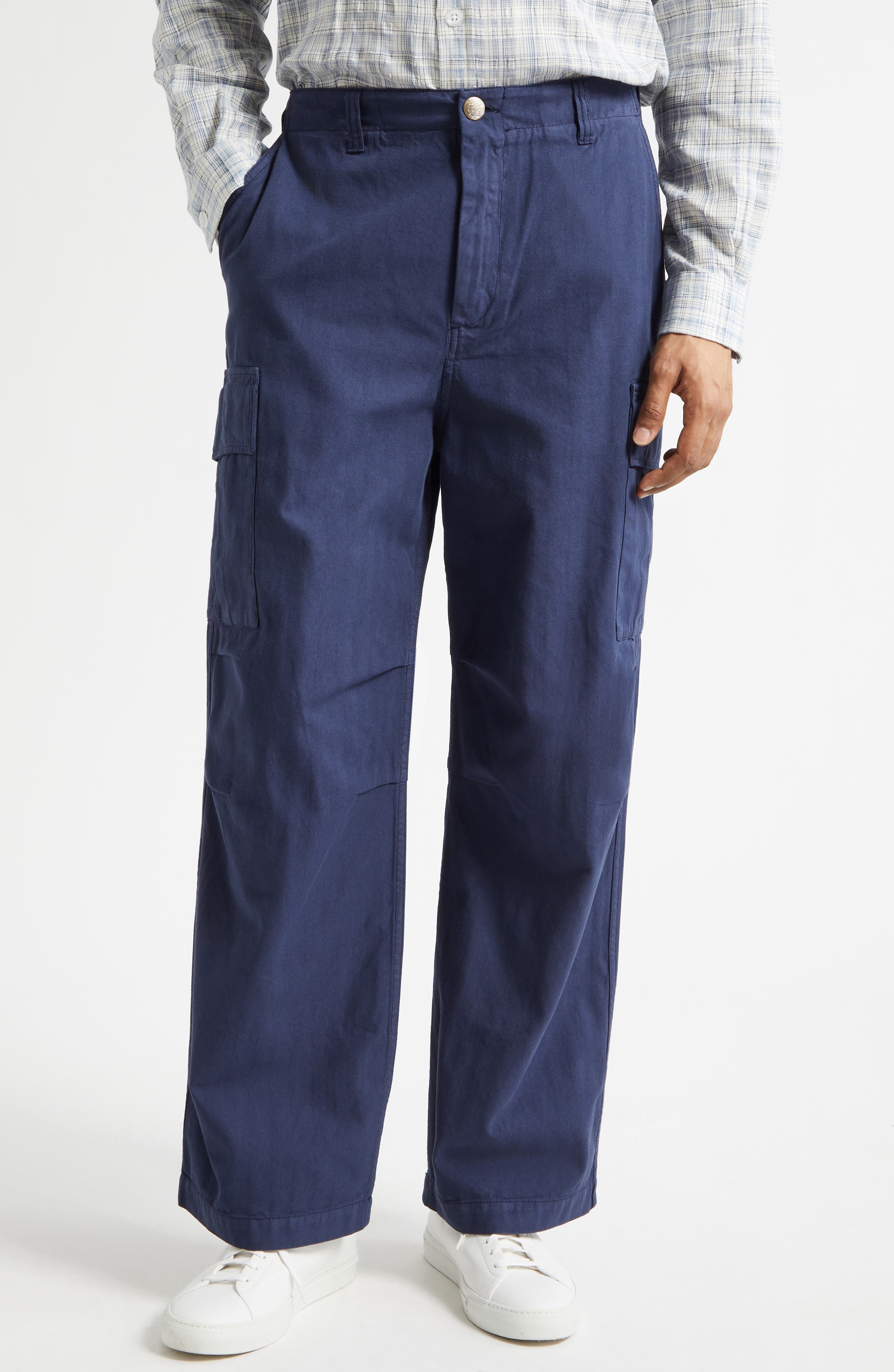 Cotton Herringbone Wide Leg Cargo Pants