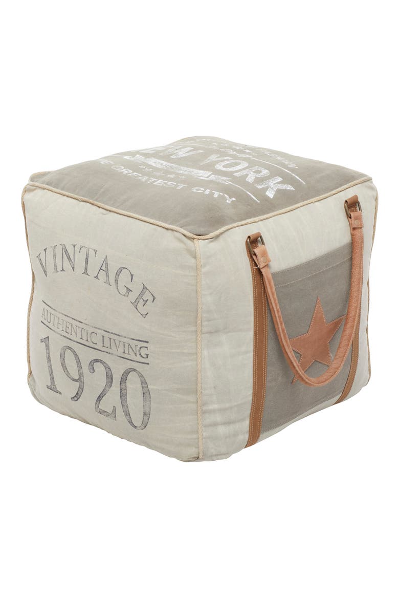 Cream Canvas Pouf with Leather Handles, Alternate, color, GREY