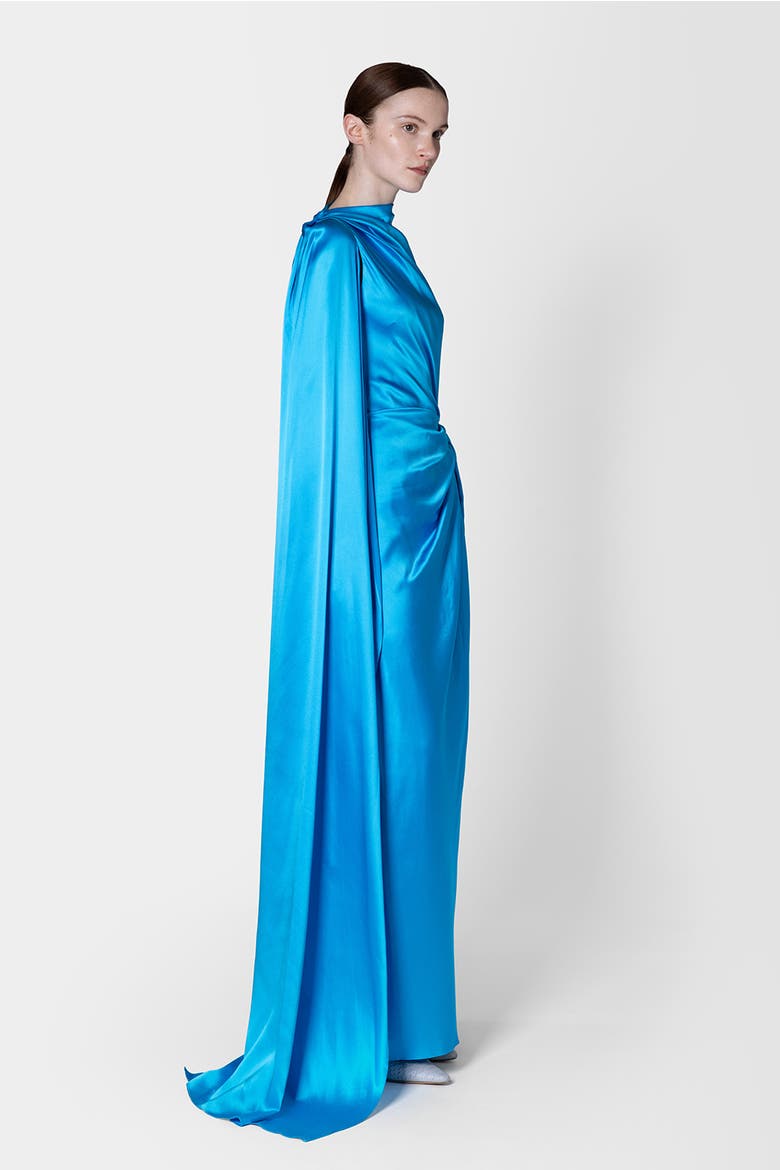 Orien Silk Floor Length Dress, Alternate, color, Agua