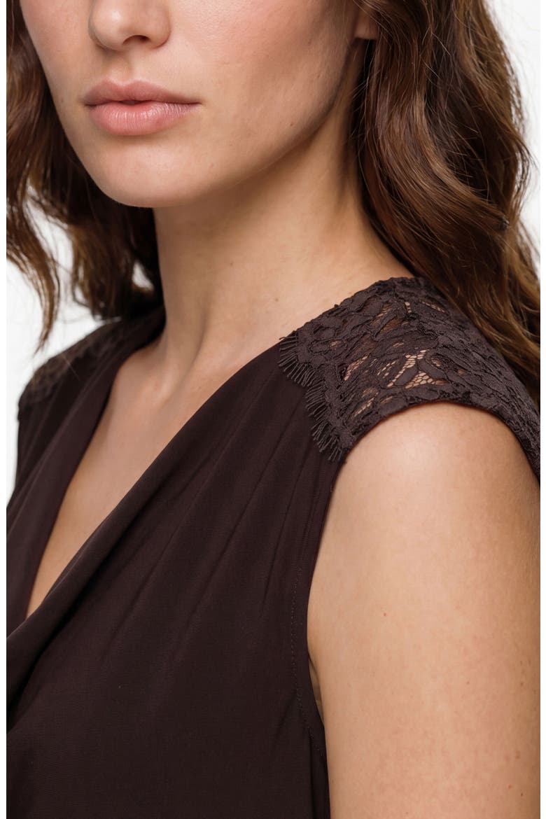 Draped Neck Sleeveless Top with Lace Trim, Alternate, color, JAVA