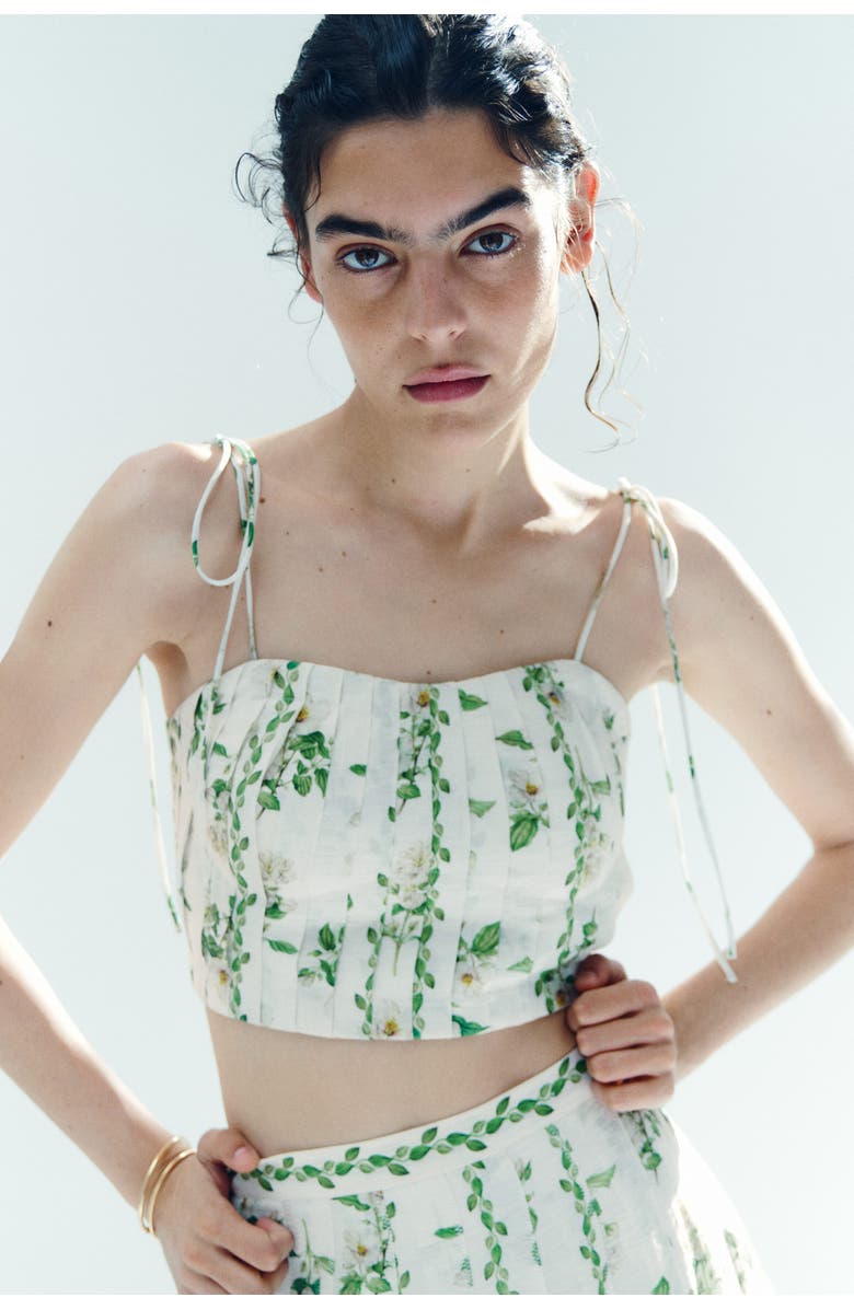 H&M Pleated Linen-blend Crop Top, Alternate, color, Ivory/Floral