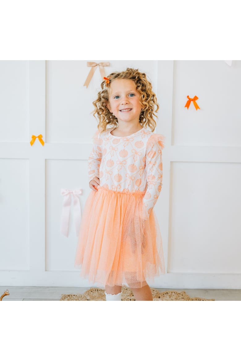 Pumpkin Bow Trellis Long Sleeve Tutu Dress, Alternate, color, Soft Pink