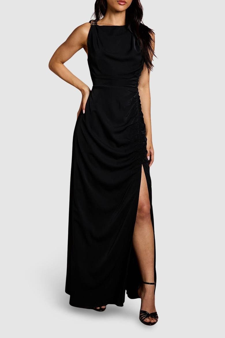 Ruched Side Split Maxi Dress, Alternate, color, Black