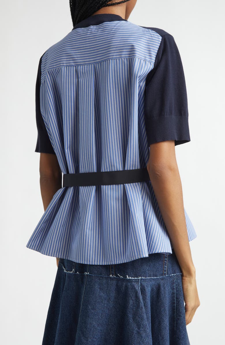 Sacai Mixed Media Poplin & Knit Sweater, Alternate, color, Navy/ Blue Stripe