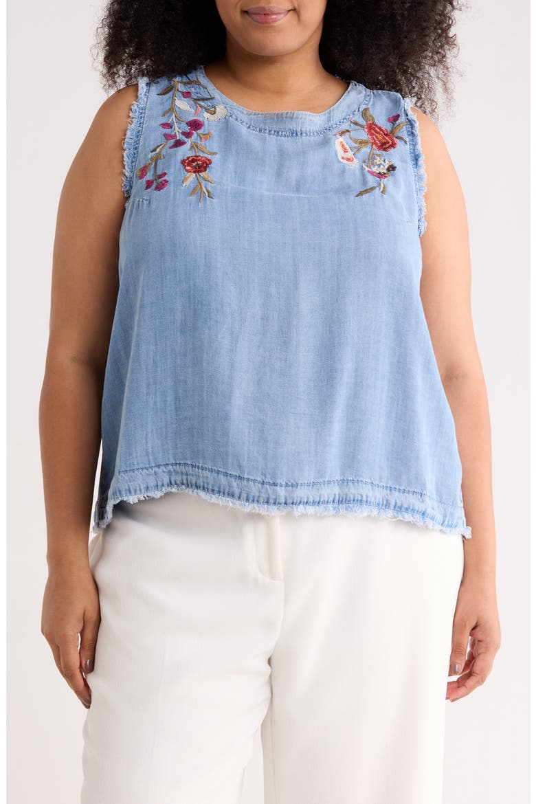Floral Embroidered Chambray Shell, Main, color, WASHED DENIM EMBROIDERY
