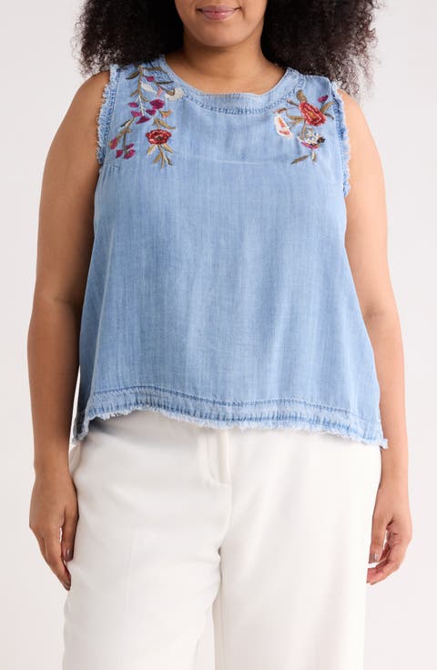 Floral Embroidered Chambray Shell (Plus)