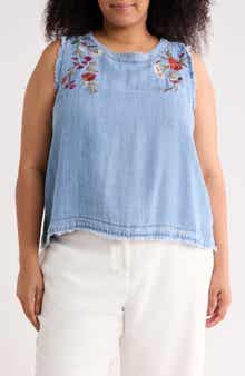 T Tahari Floral Embroidered Chambray Shell
